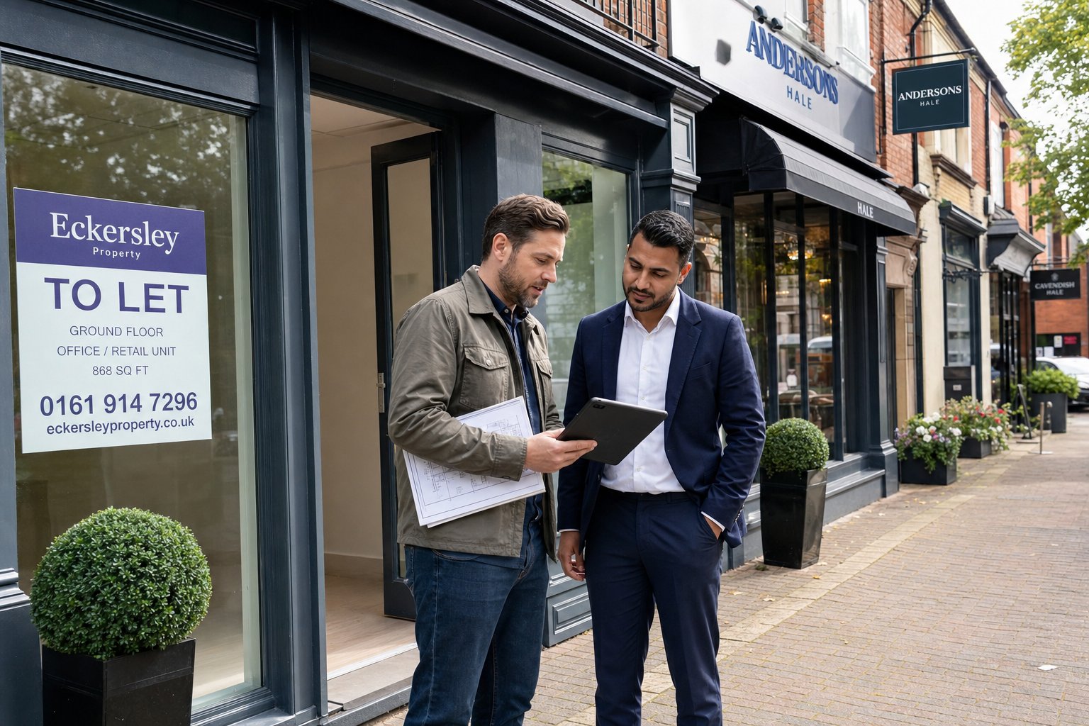 Investor and agent assessing office and shop properties on a commercial street in Hale.
