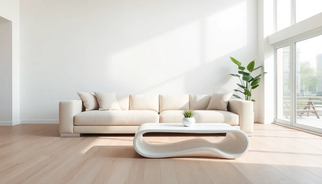 minimalist contemporary living room with a sleek sofa and natural light.