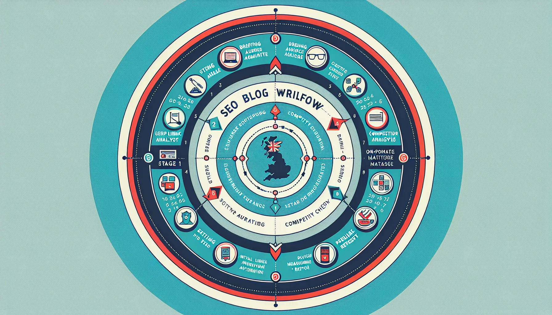 Circular workflow for a UK SEO blog writer from brief to publish.