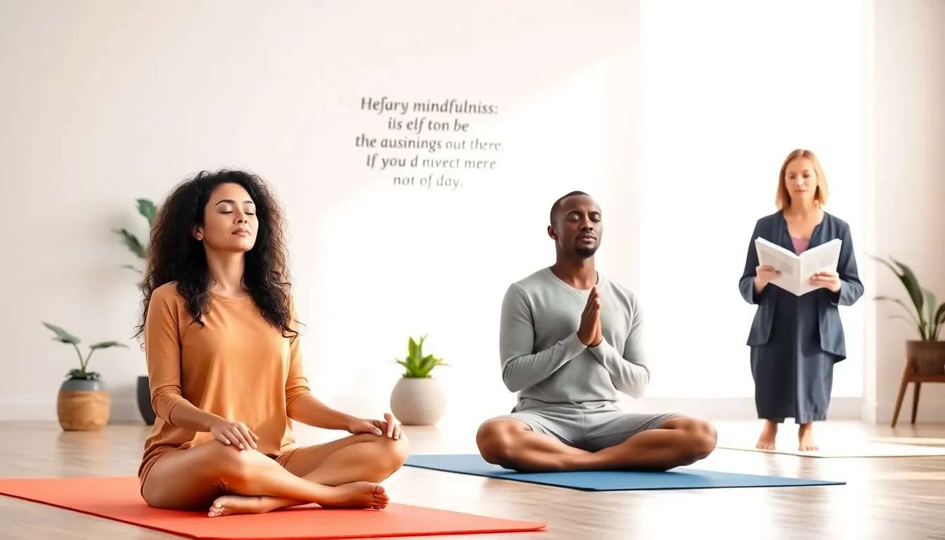 professionals practicing mindfulness in a tranquil office setting.