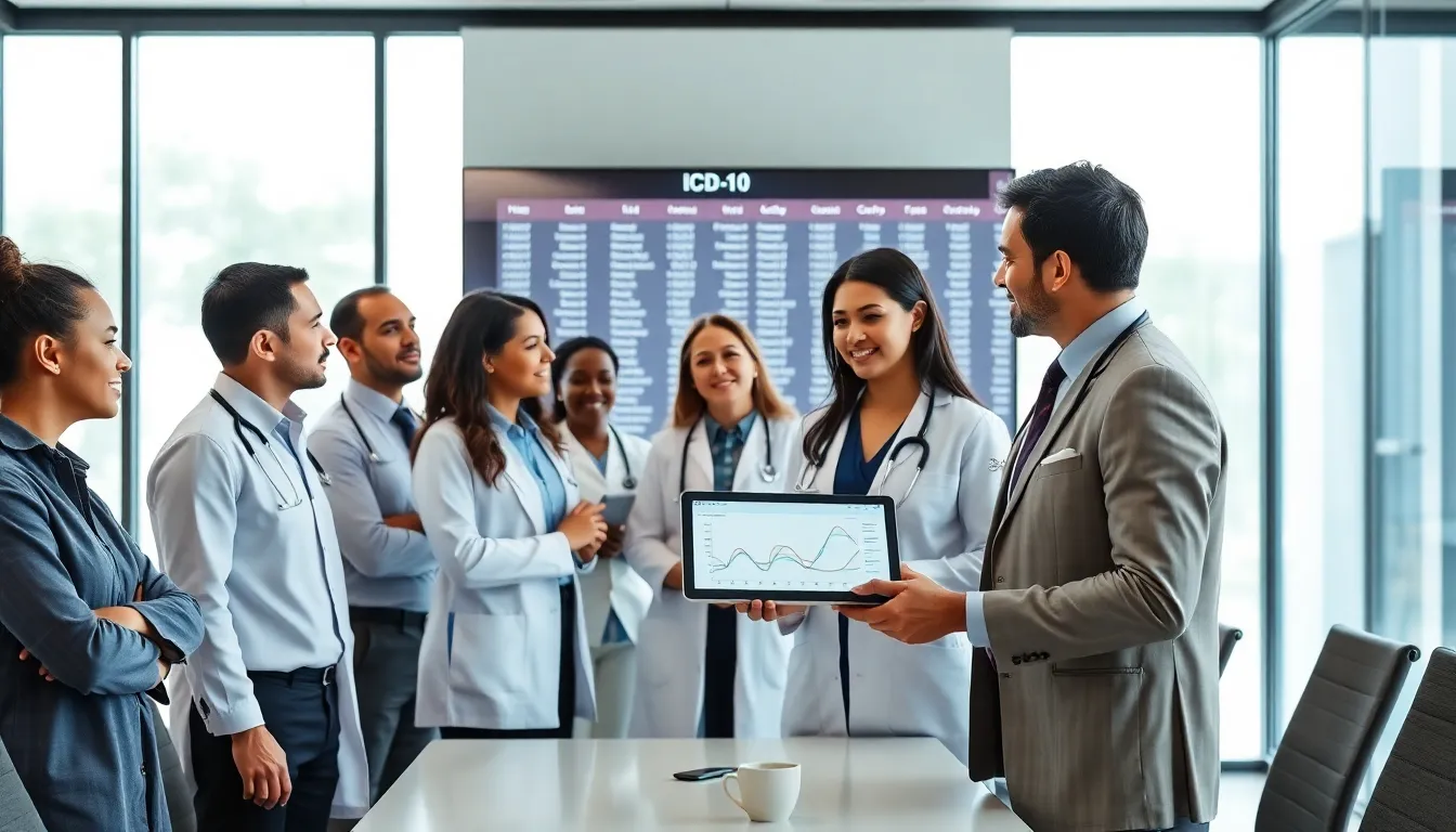 healthcare professionals discussing ICD-10 codes in a modern office.