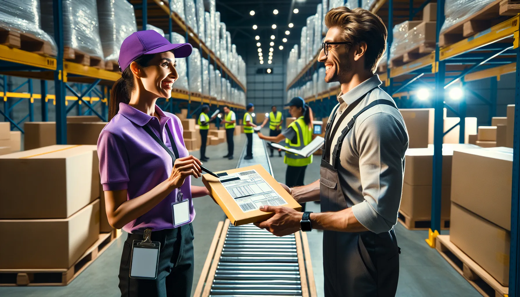 FedEx and UPS couriers exchanging packages in a logistics warehouse.