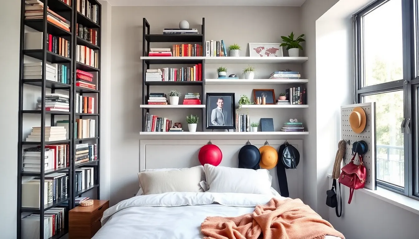 modern bedroom with vertical storage solutions and stylish decor.