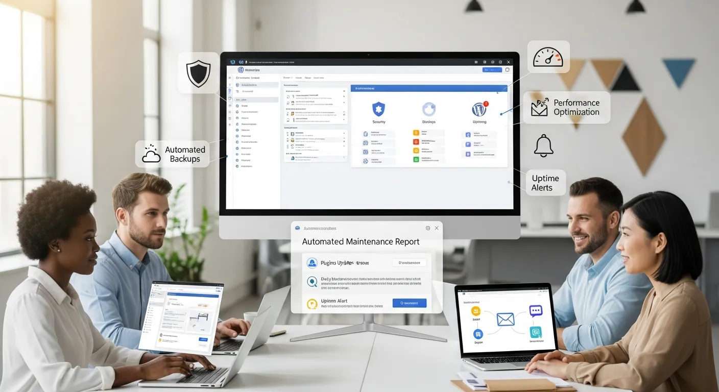 Team reviewing automated WordPress maintenance dashboard with hosting, backups, and alerts.