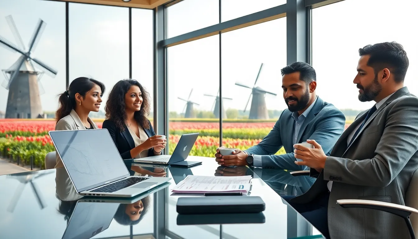 diverse professionals collaborating in a modern workspace with Dutch scenery.
