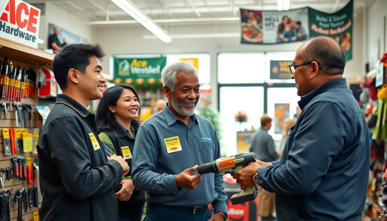 diverse team assisting customers in a modern hardware store.
