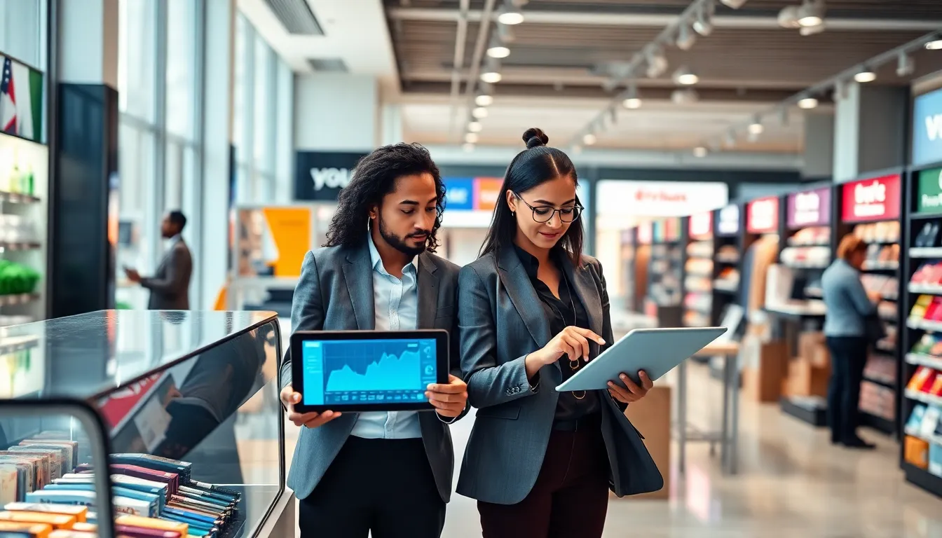 professionals analyzing sales data in a modern retail space.