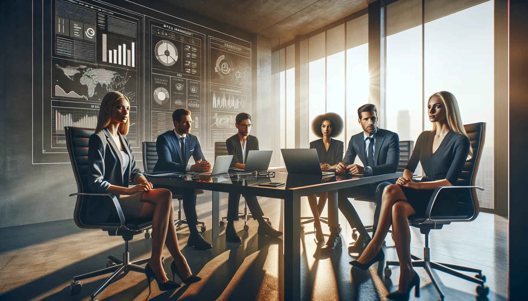 diverse team discussing data in a modern office setting.