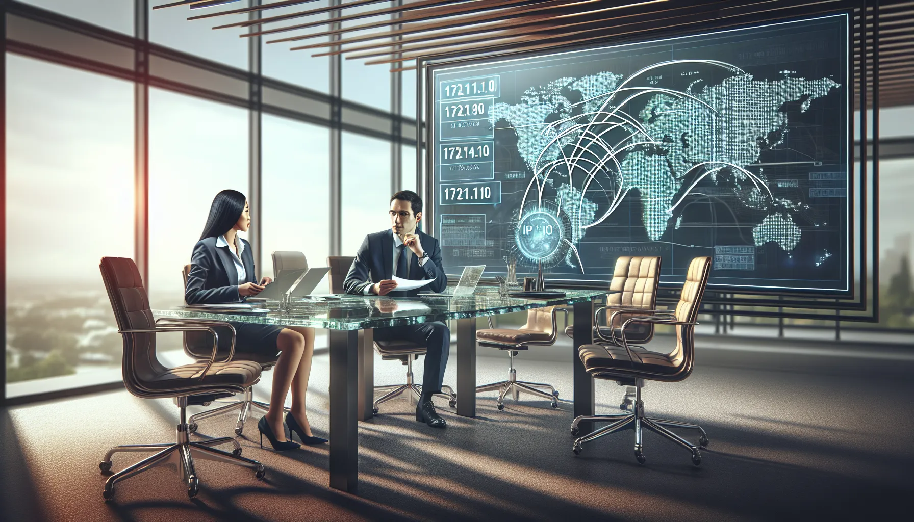 team discussing IP address in a modern conference room.