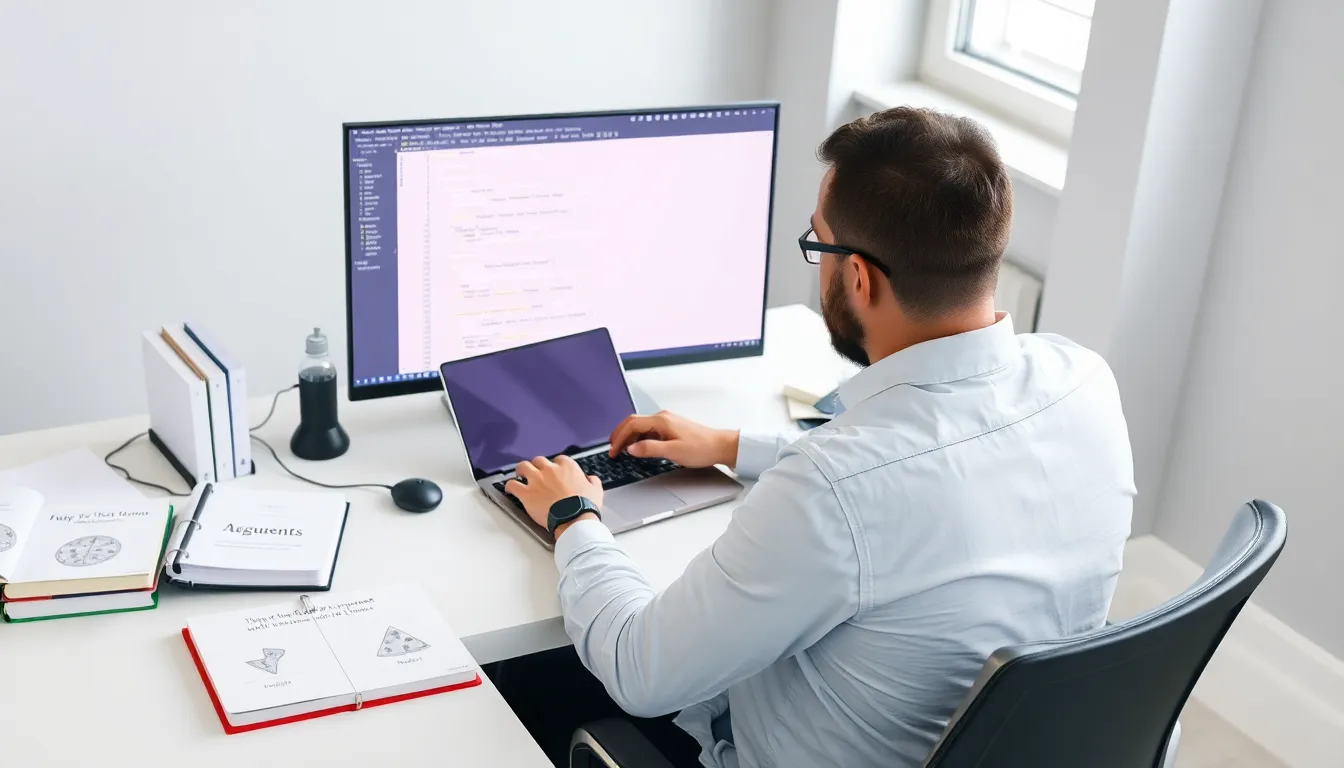 developer coding functions with arguments on a laptop in a modern office.