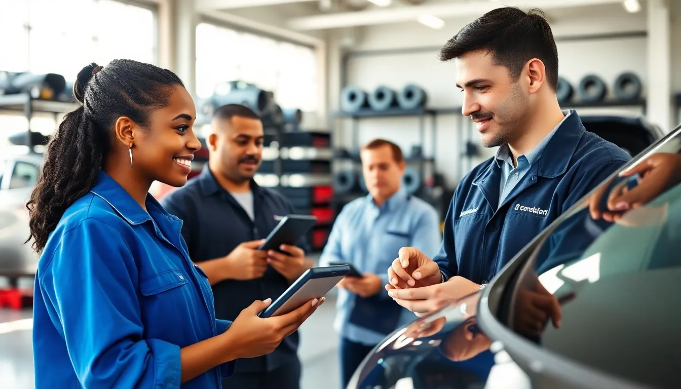 diverse team of mechanics assisting customers in a modern service center.