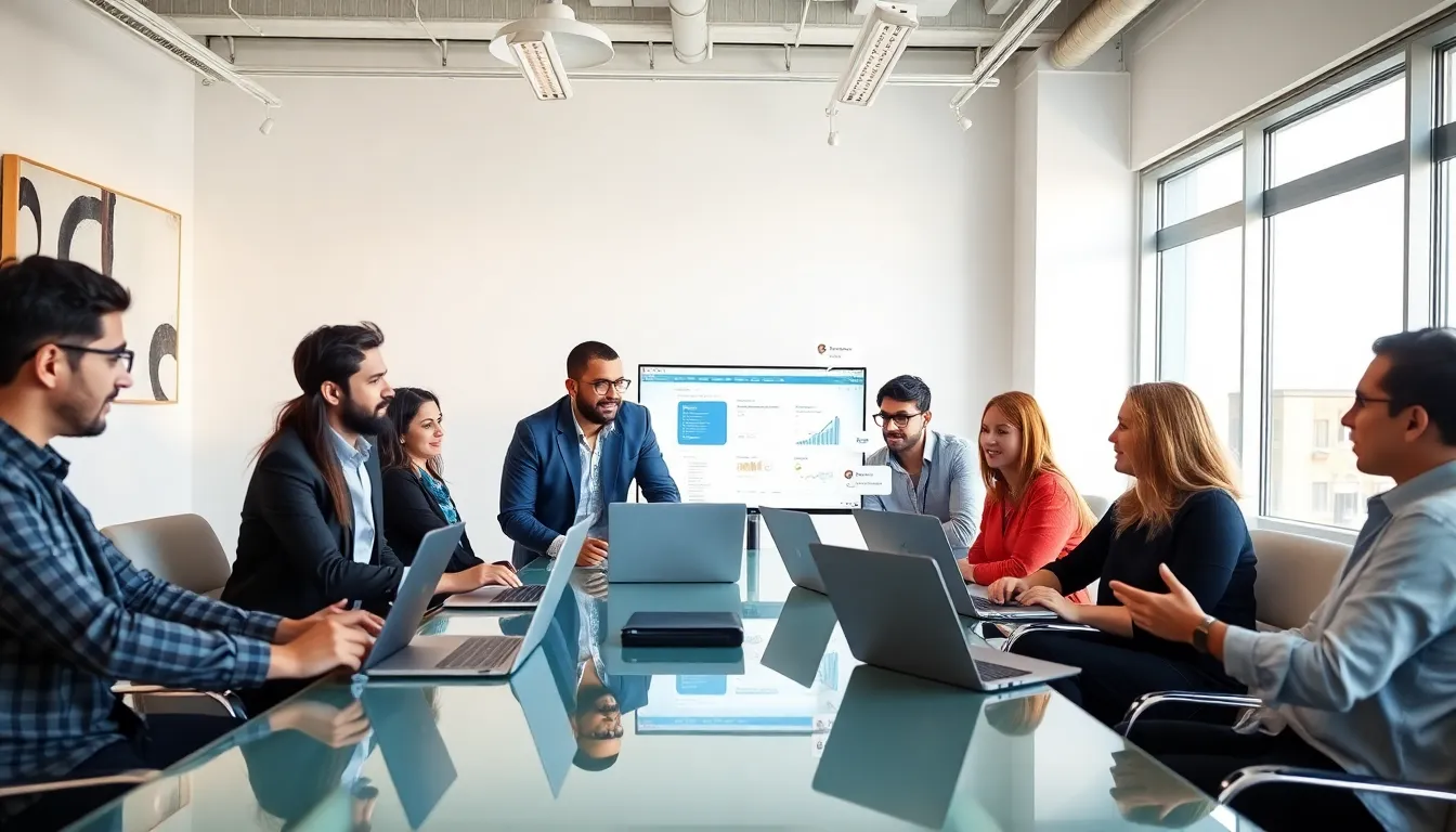 diverse professionals collaborating on guided walkthrough software in a modern office.