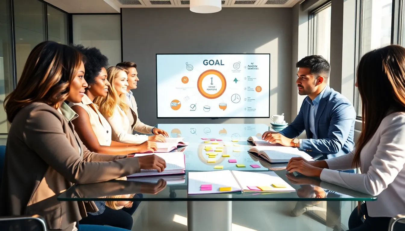 diverse team discussing goal setting in a modern office.