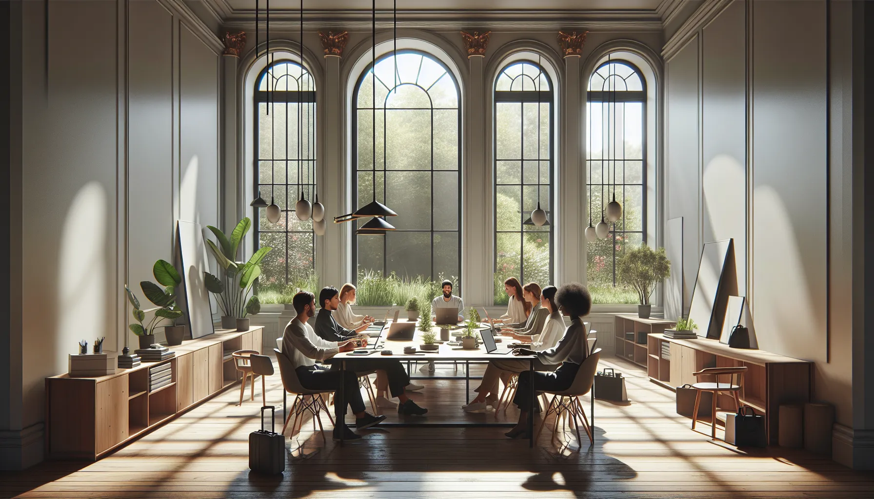 diverse professionals in a modern, minimalist workspace discussing mindfulness.