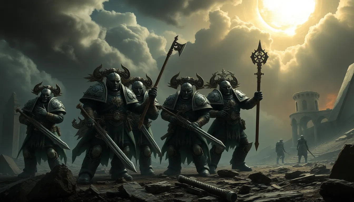 Warhammer Daemonhunters standing ready in a war-torn landscape.