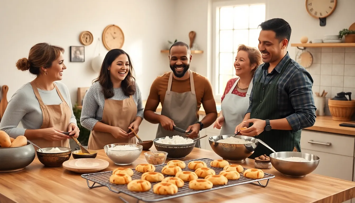 diverse group baking bread cookies in a cozy kitchen.