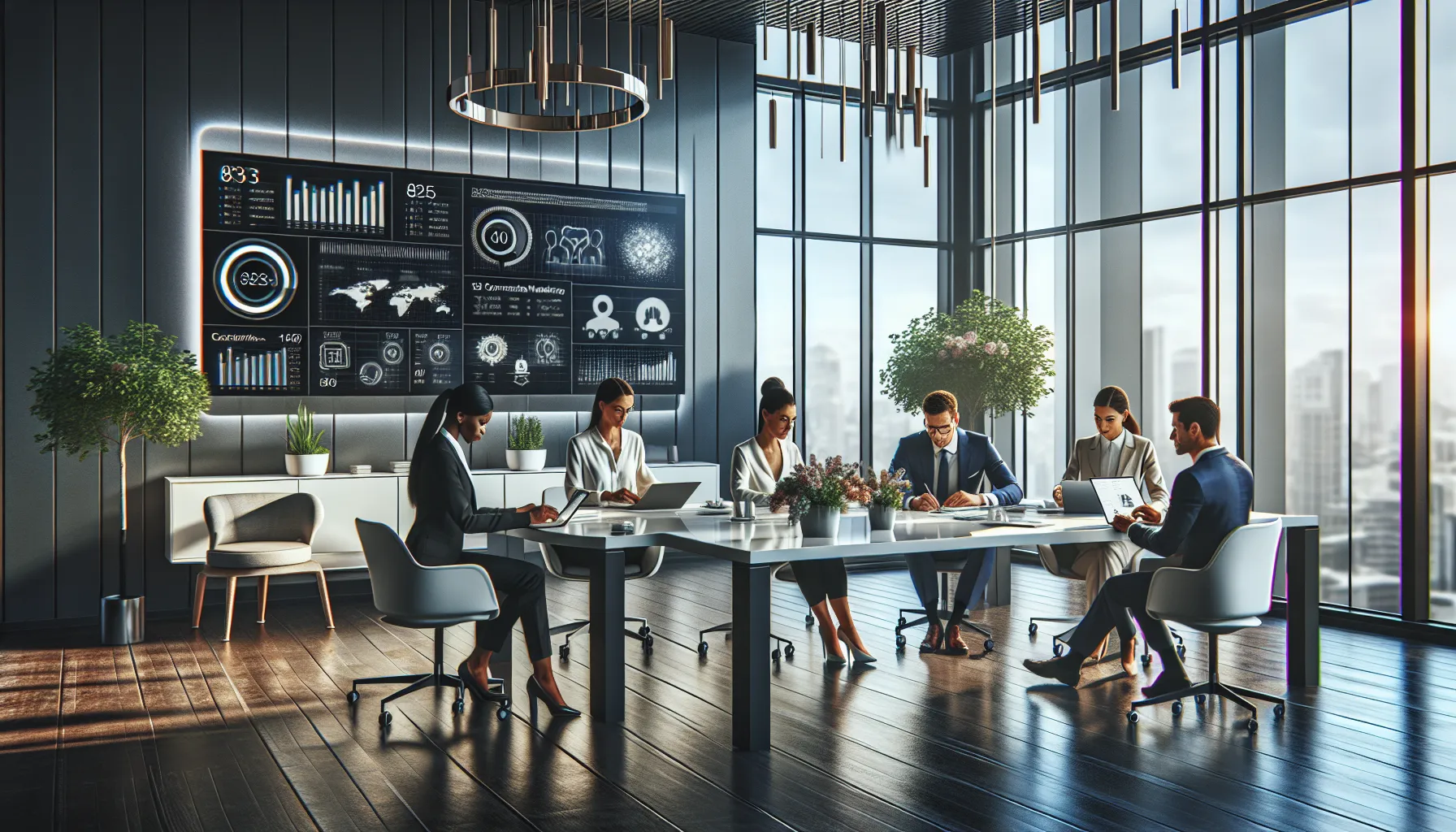 Diverse professionals collaborating in a modern office setting.