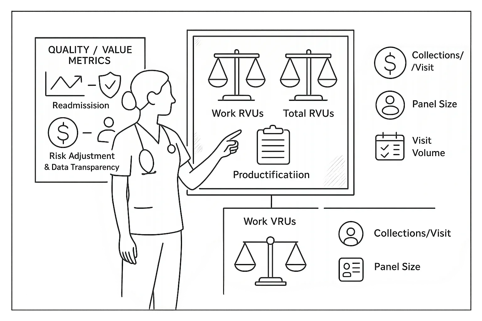 Nurse practitioner pointing to icons for RVUs, collections, panel size, and quality metrics.