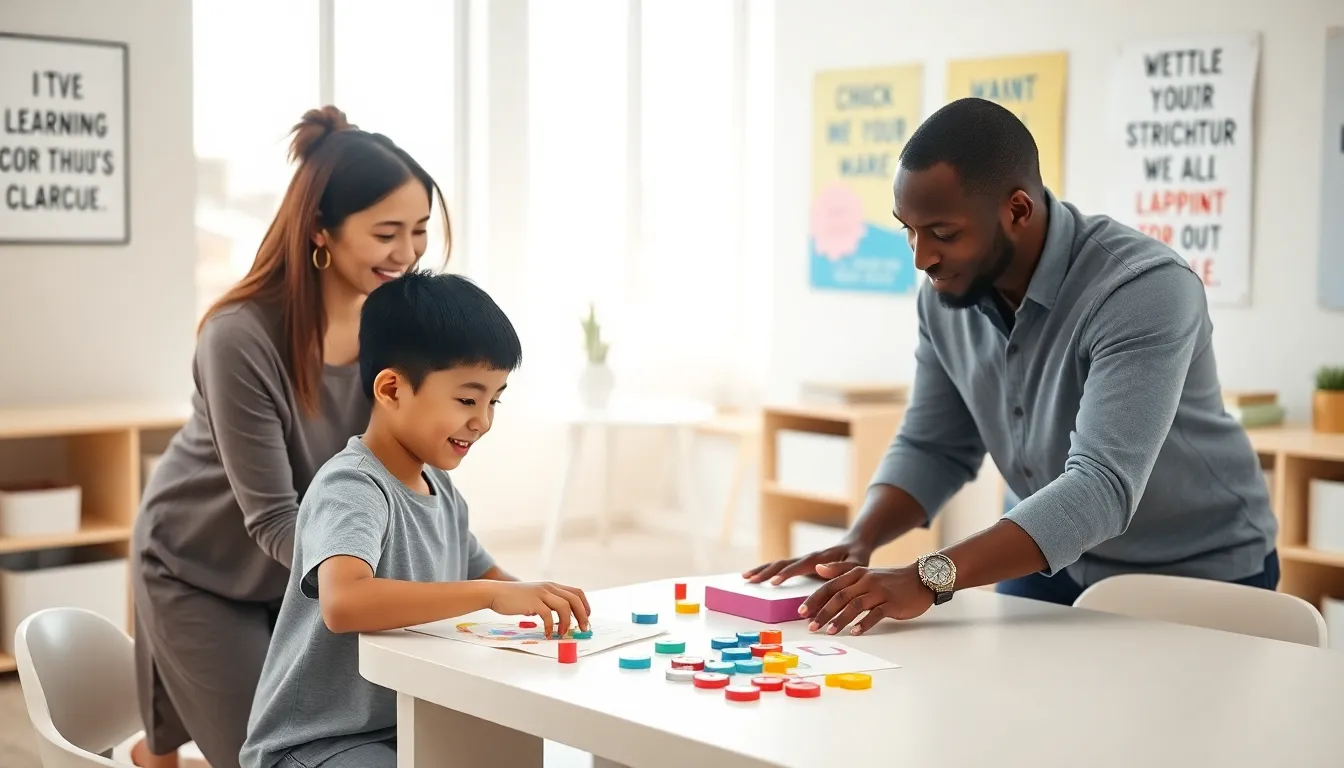 diverse educators supporting a child with mild intellectual disability in a classroom.