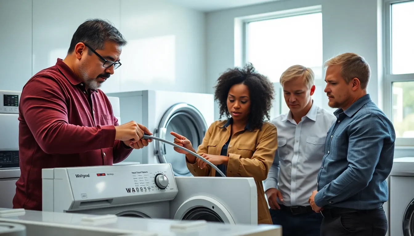 professionals troubleshooting a Whirlpool washing machine in a modern laundry room.