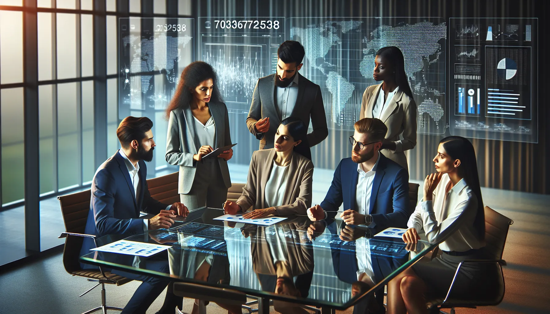 diverse team discussing data in a modern office.