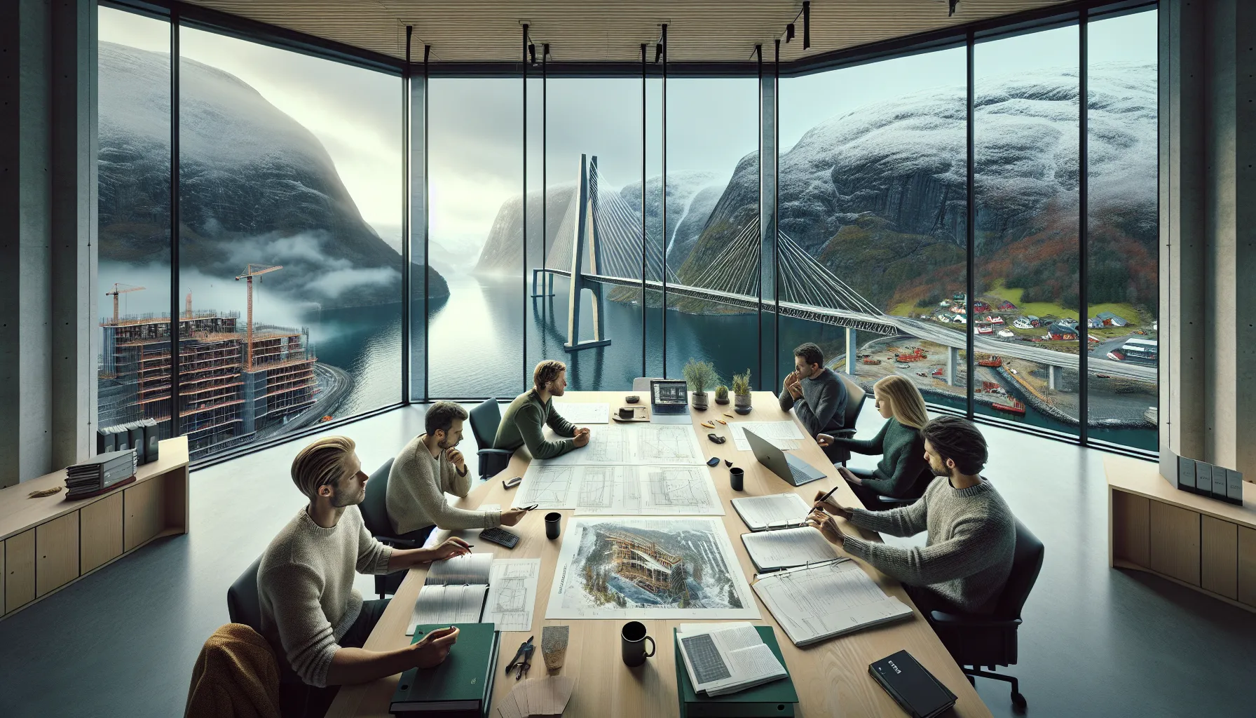 Hvordan bygge trygge og robuste broer i norge 2 Engineers review norwegian bridge standards and risks overlooking a fjord construction site.