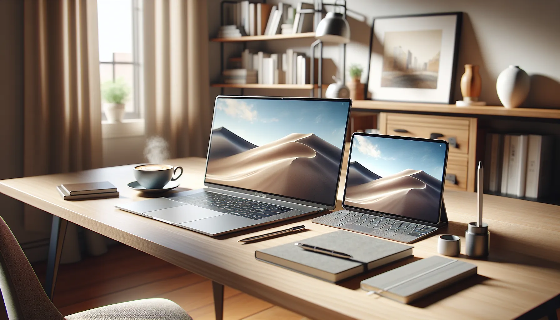 MacBook Air and MacBook Pro on a wooden desk in a home office.
