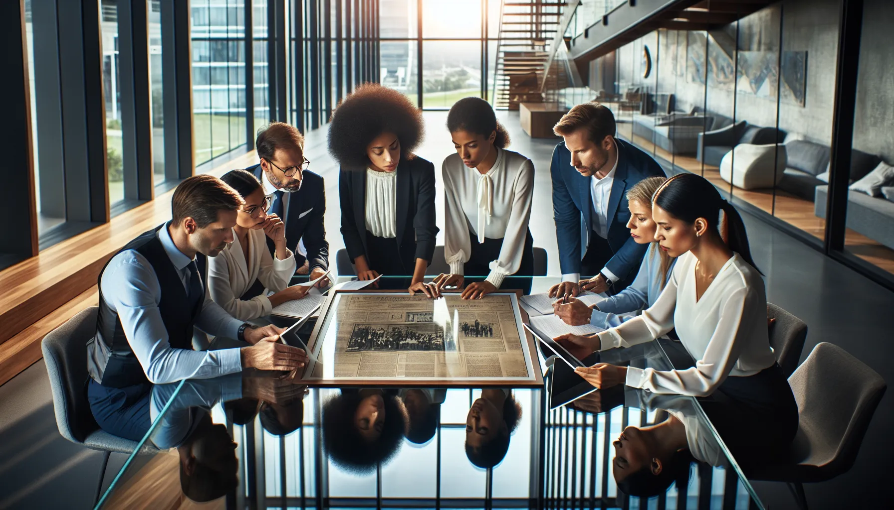 diverse team discussing historical context of ckbpfhb in a modern office.