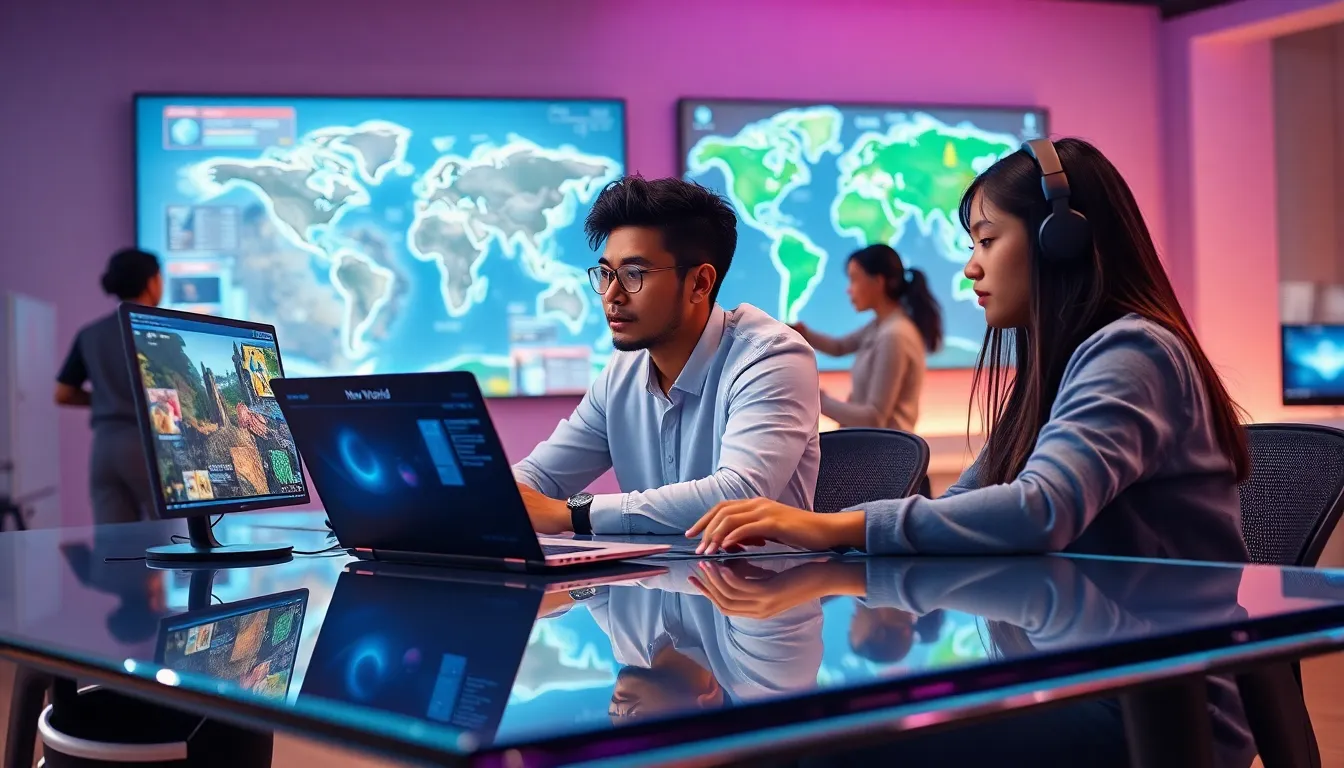 diverse gamers using advanced tools in a modern workspace.