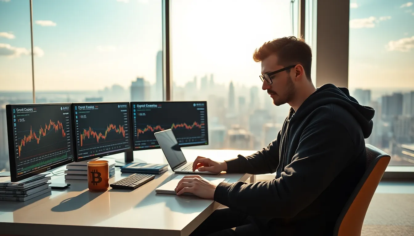 a young man investing in Bitcoin and BitClassic at a modern workspace.