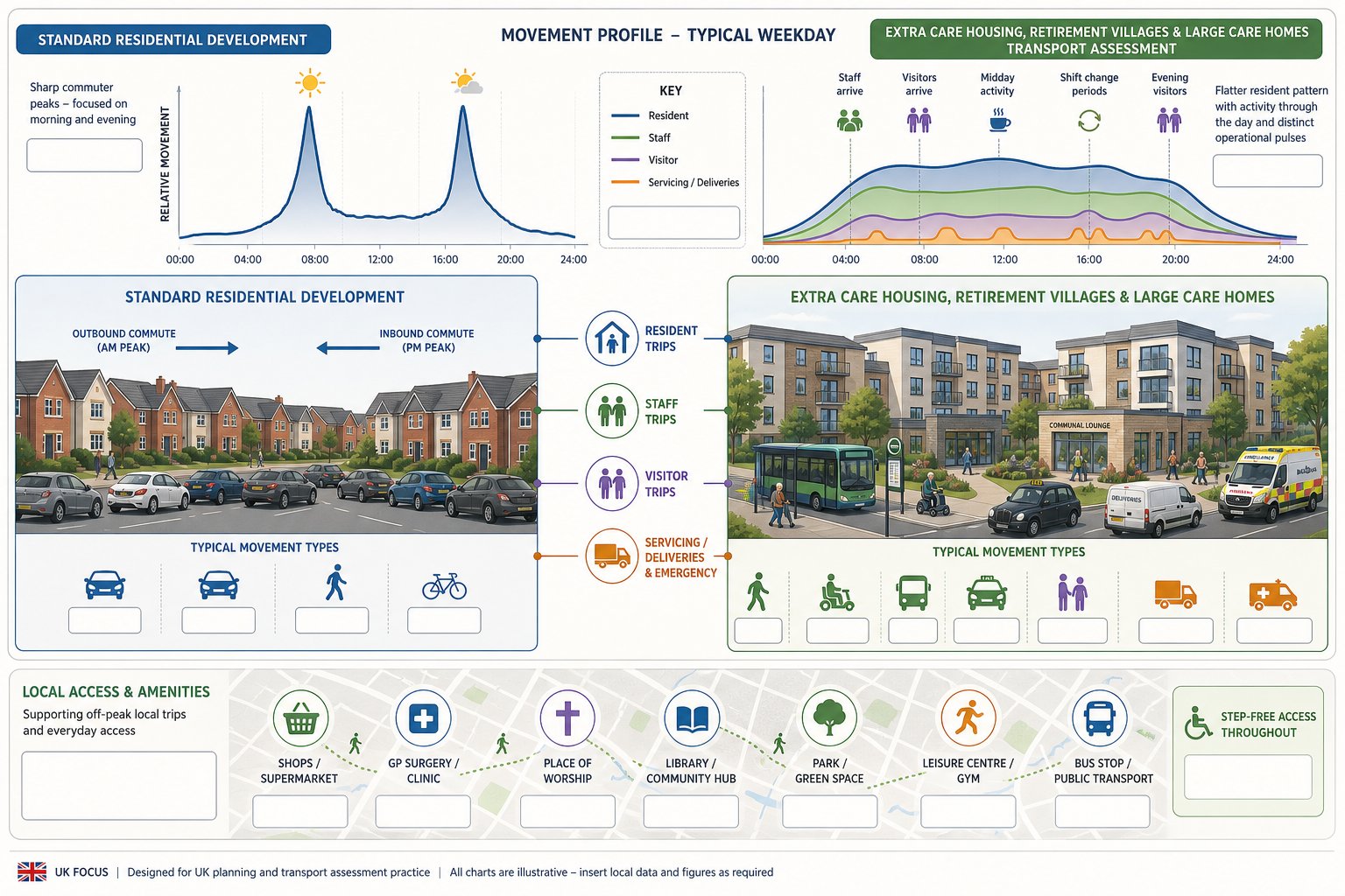 Comparison of standard housing peaks and later living transport movement patterns.