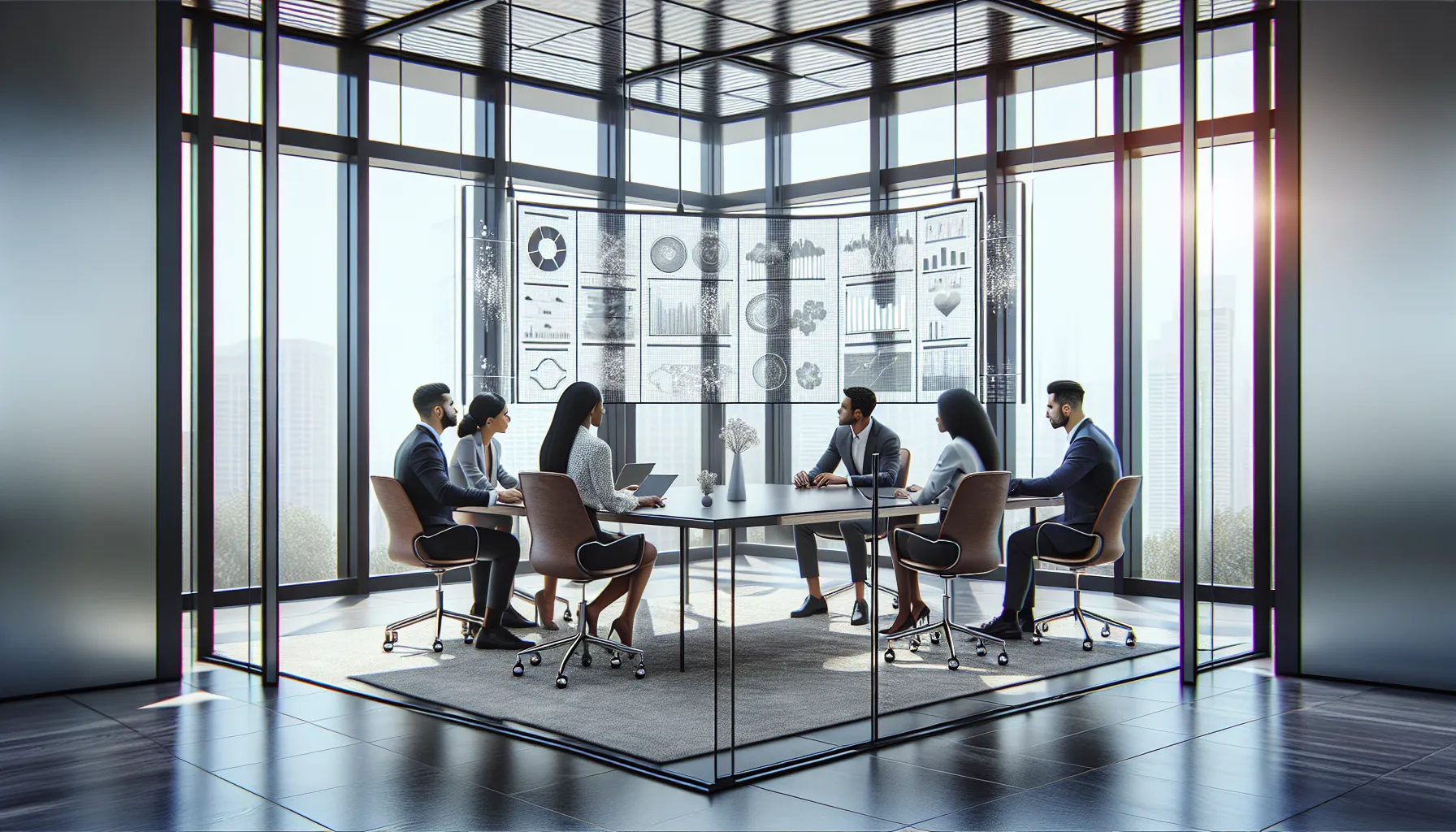 diverse team analyzing data in a modern office setting.