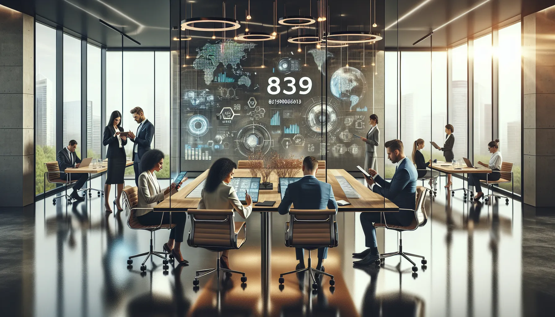 diverse professionals discussing in a modern office setting.