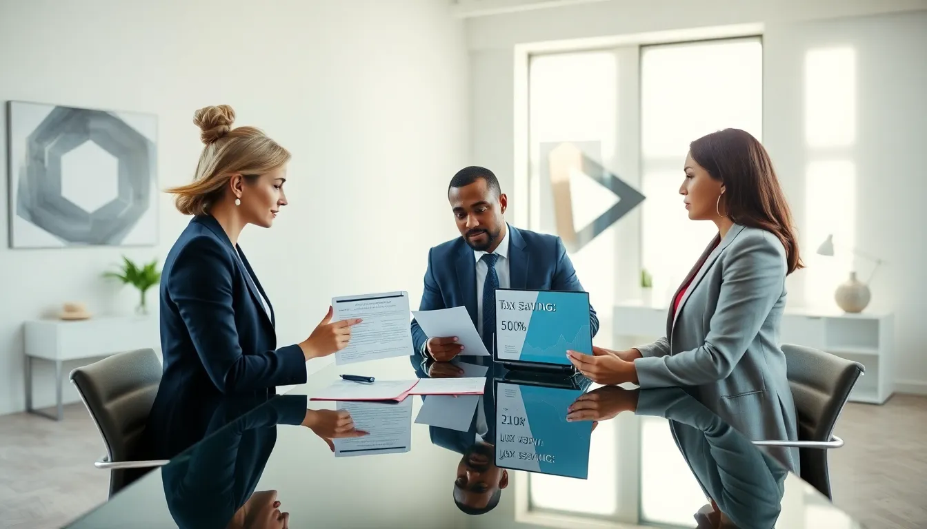 diverse team discussing tax strategies in a modern office.