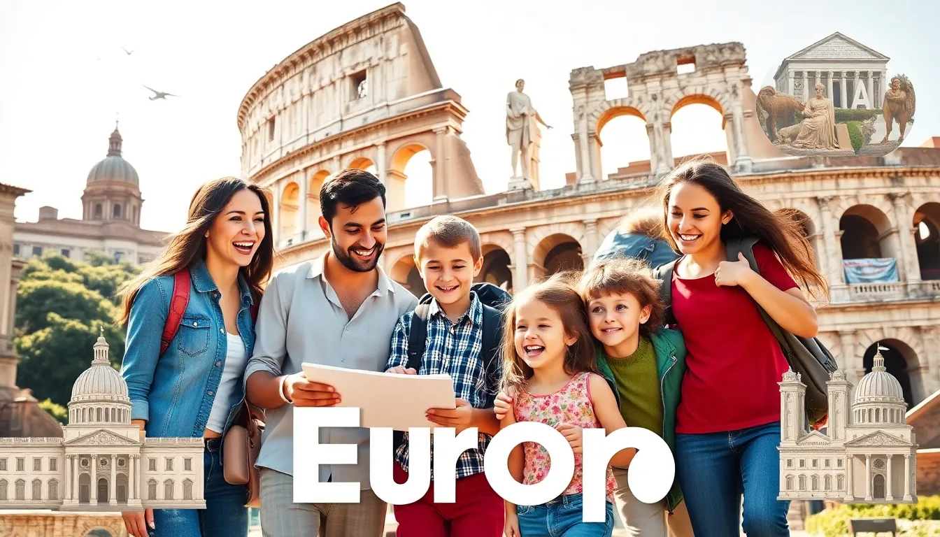 family exploring a historical site in Italy.