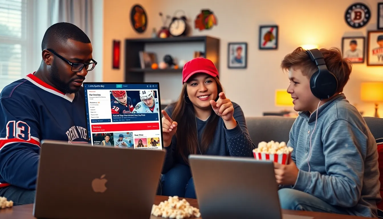 a group of diverse hockey fans engaging with the LatestSportsBuzz website.