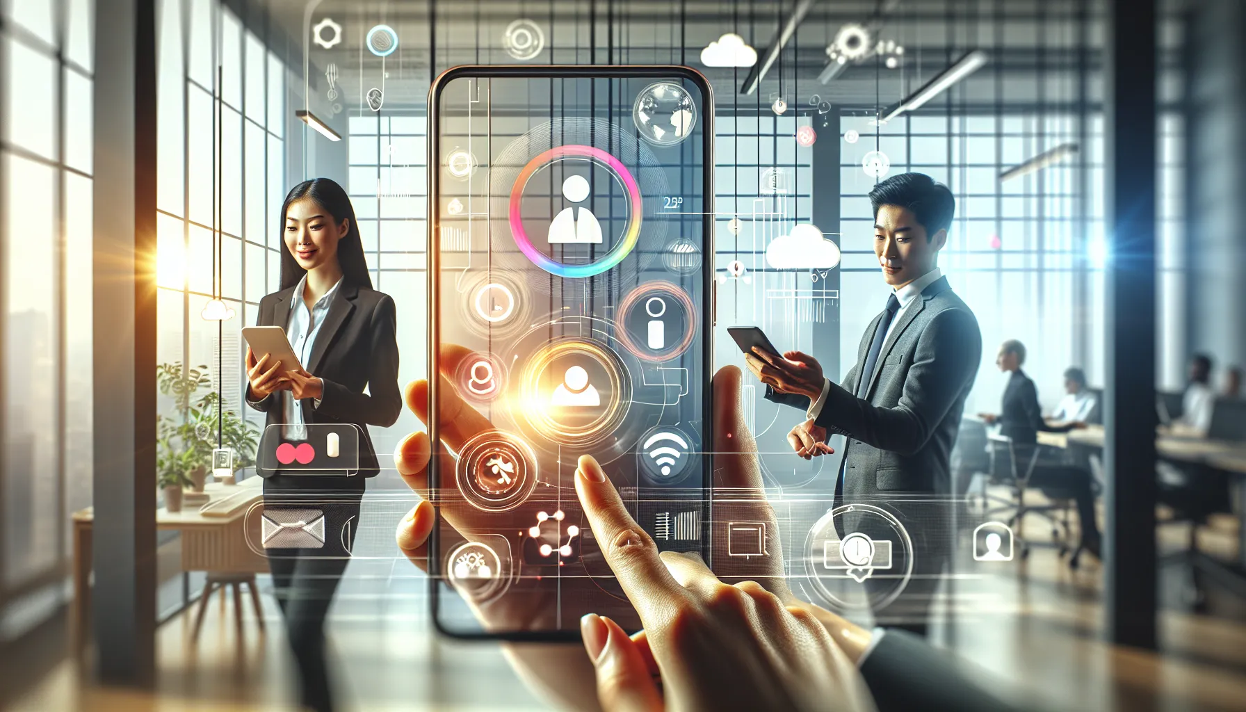 diverse professionals exploring a sleek mobile application in a modern office.