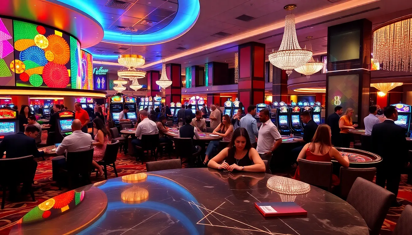 lively casino atmosphere with gaming tables and neon art displays.