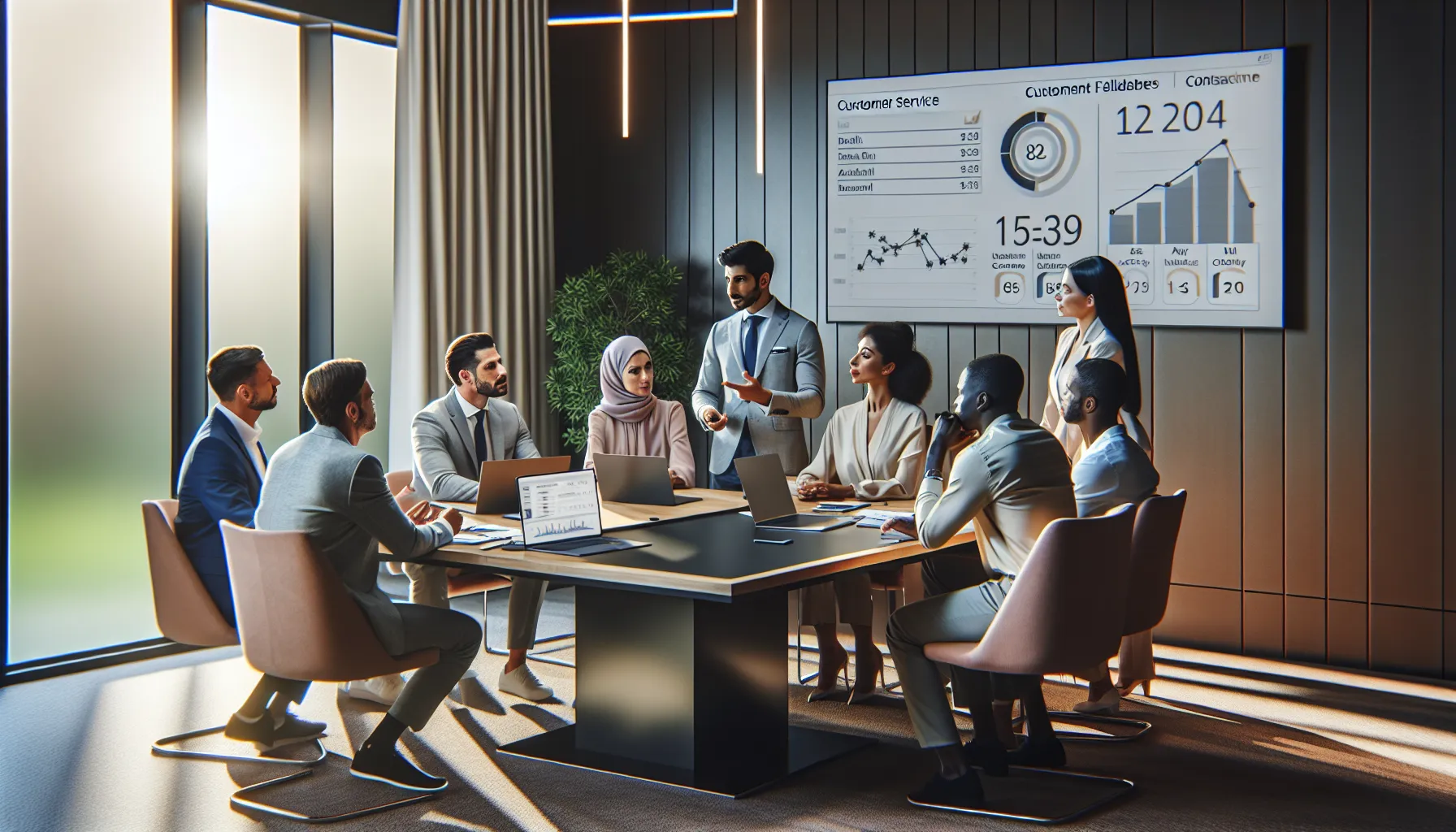 diverse team discussing customer service strategies in a modern office.