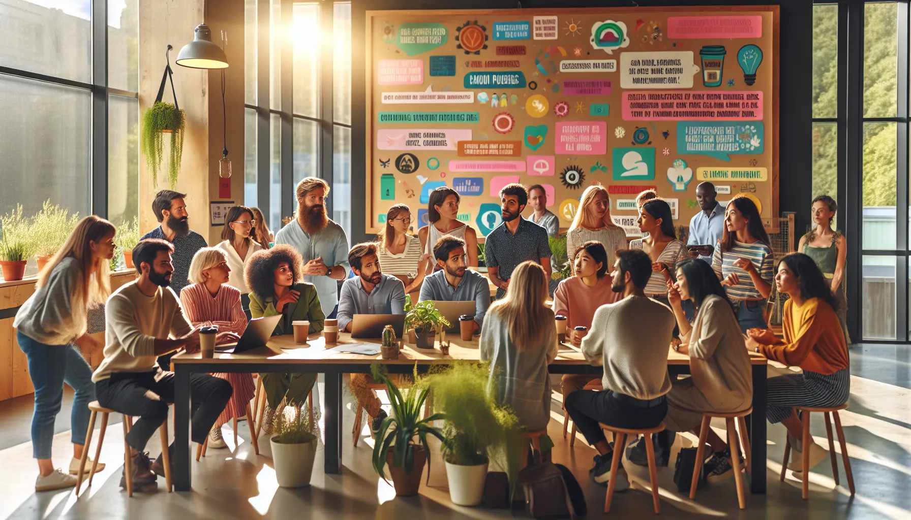 diverse group collaborating in a co-working space about sustainable living.