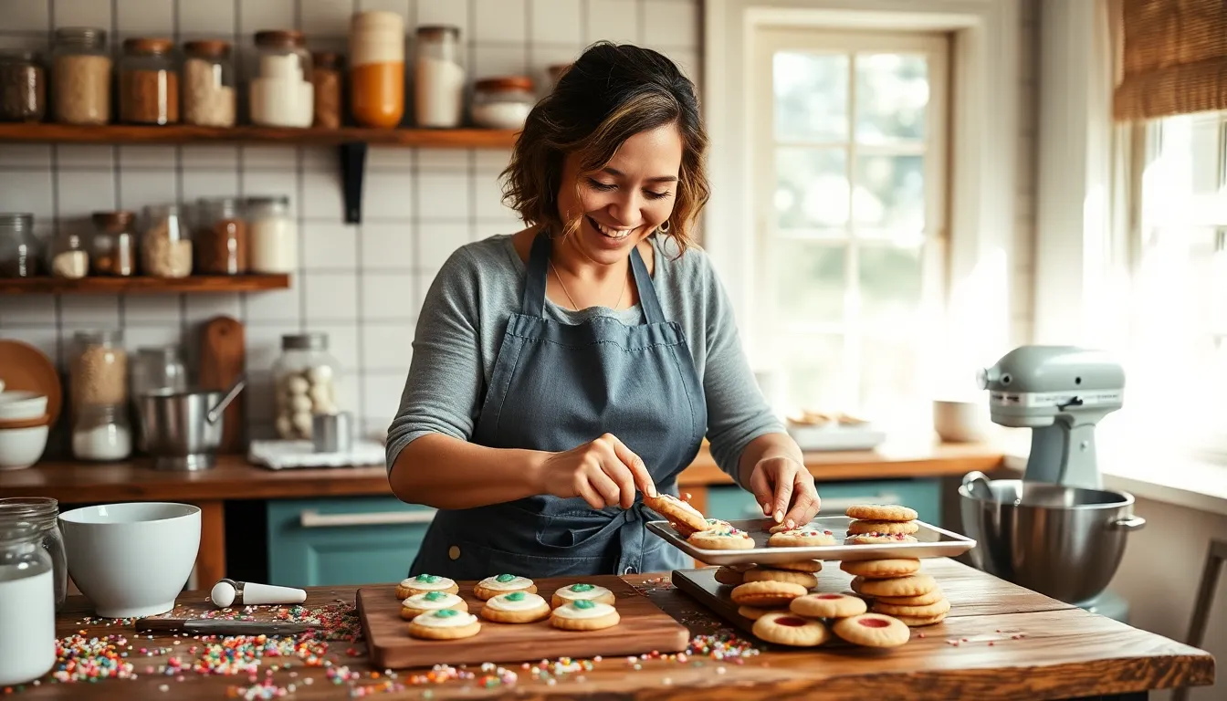 baker decorating cookies in a warm kitchen setting.