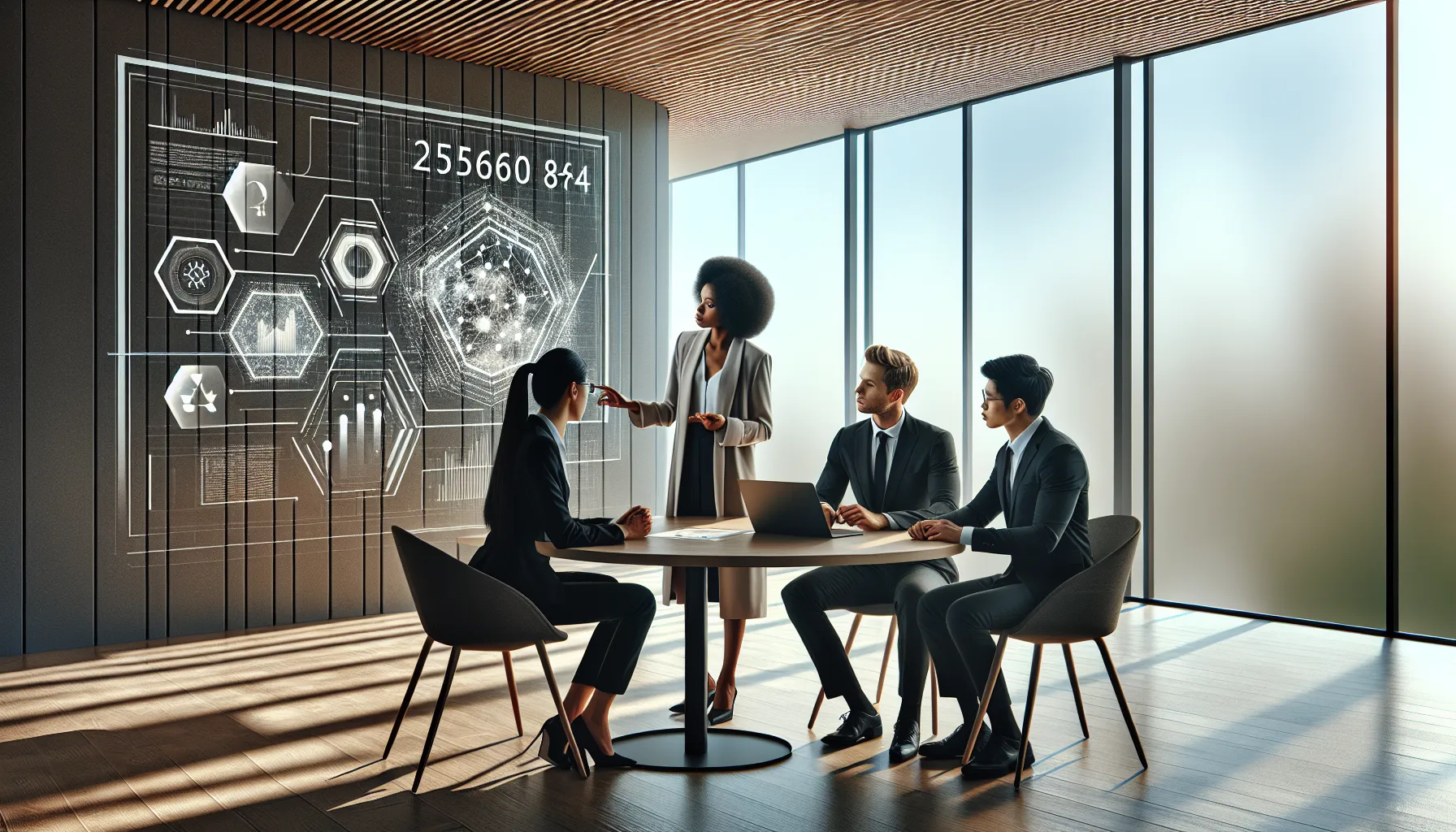 professionals discussing data analytics in a modern office setting.