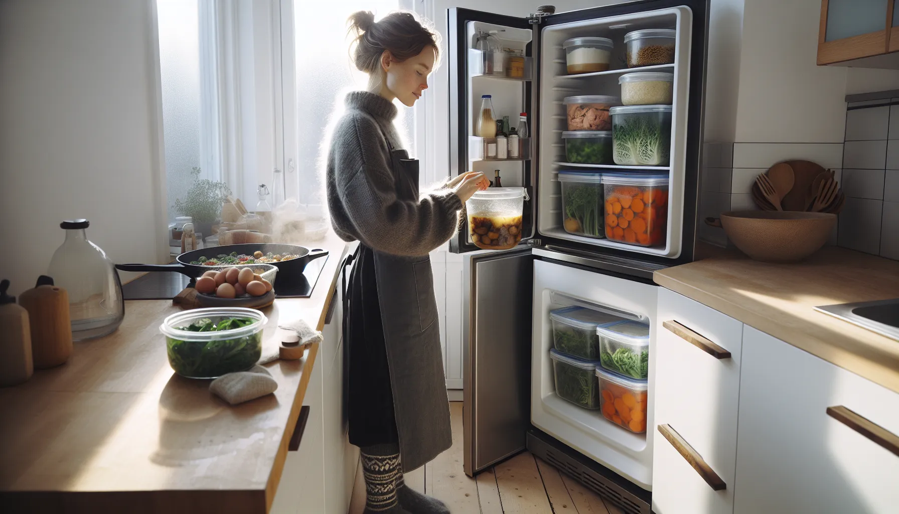 Hvordan redusere matsvinn med kreative oppskrifter 1 Woman labeling leftovers in a norwegian kitchen to reduce food waste.