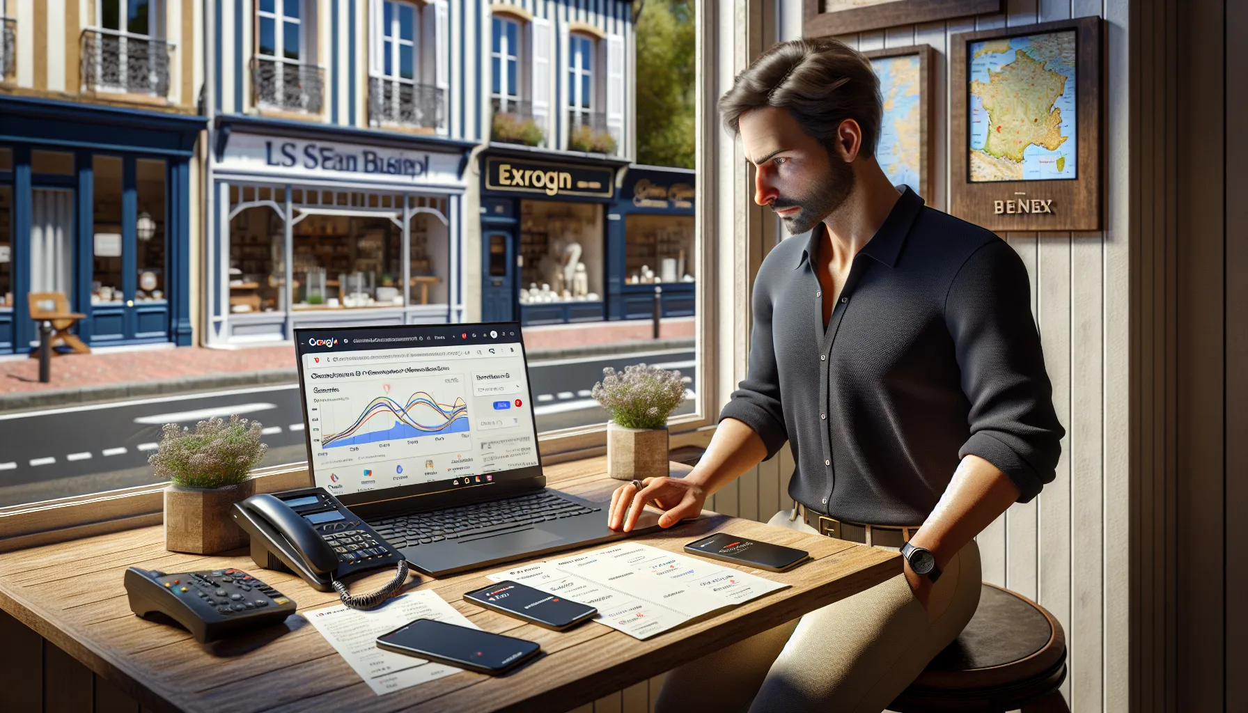 Small Saint-Mandé shop owner viewing top Google local results and incoming calls.