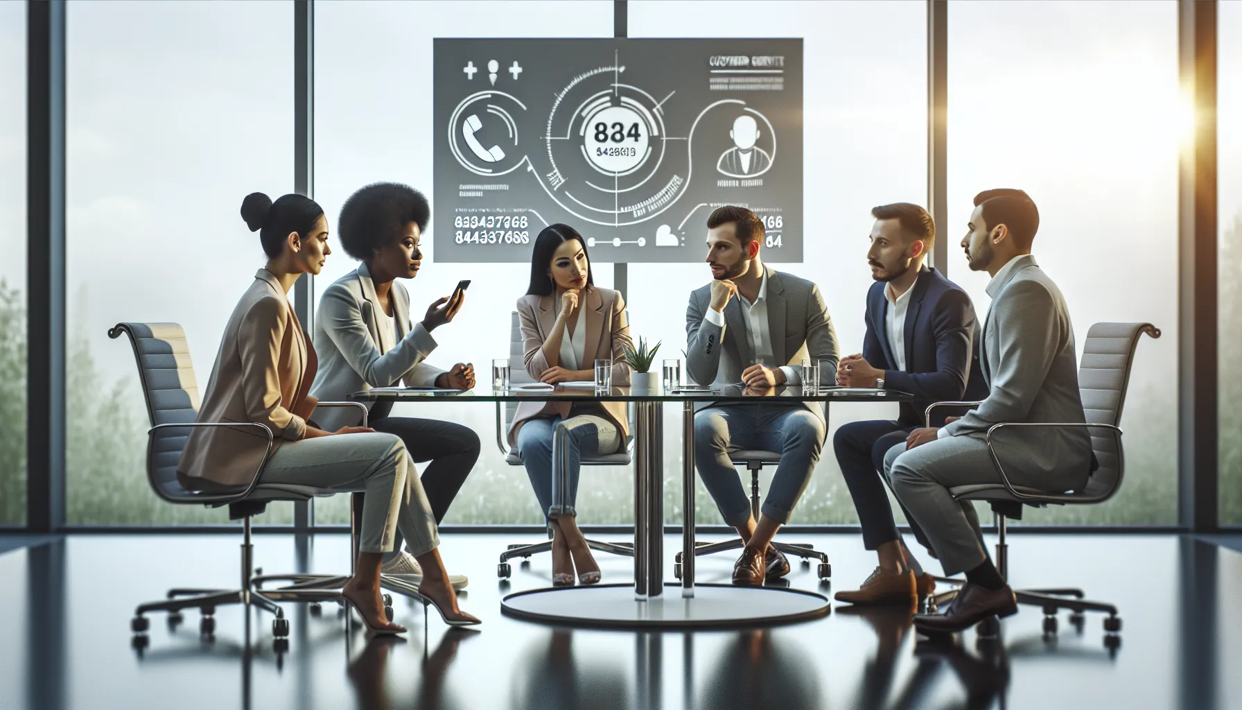 professionals discussing customer service in a corporate office setting.