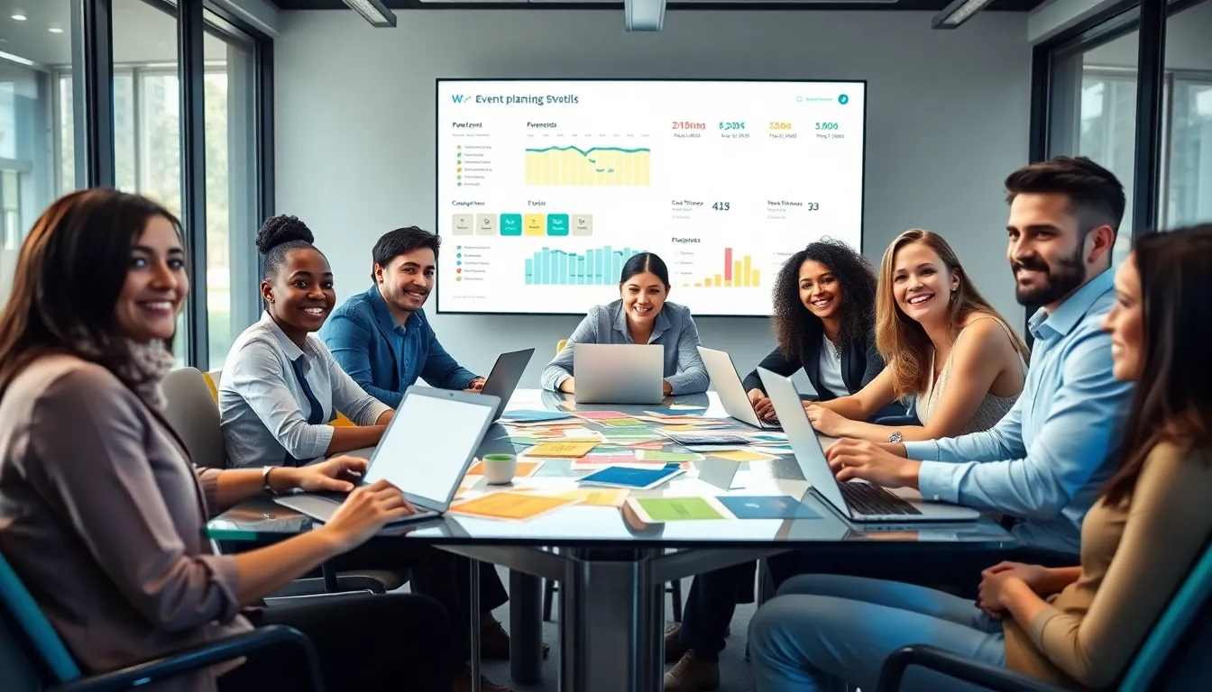 diverse team collaborating on event planning in a modern office.