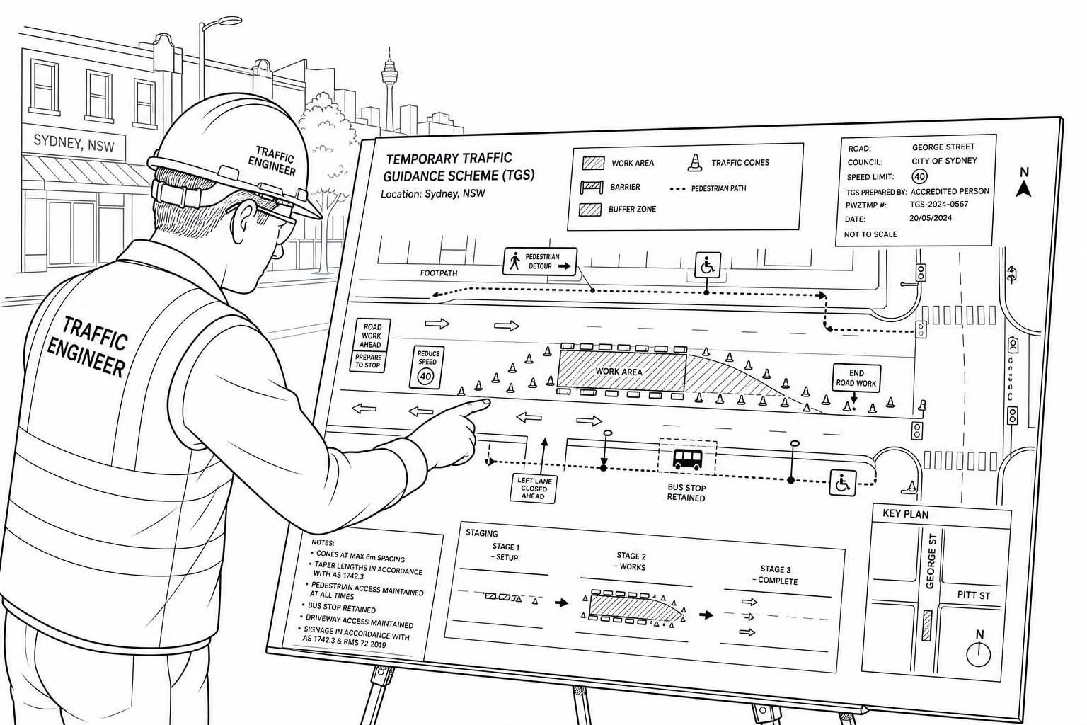 Traffic engineer reviewing a Sydney roadwork traffic guidance scheme plan.