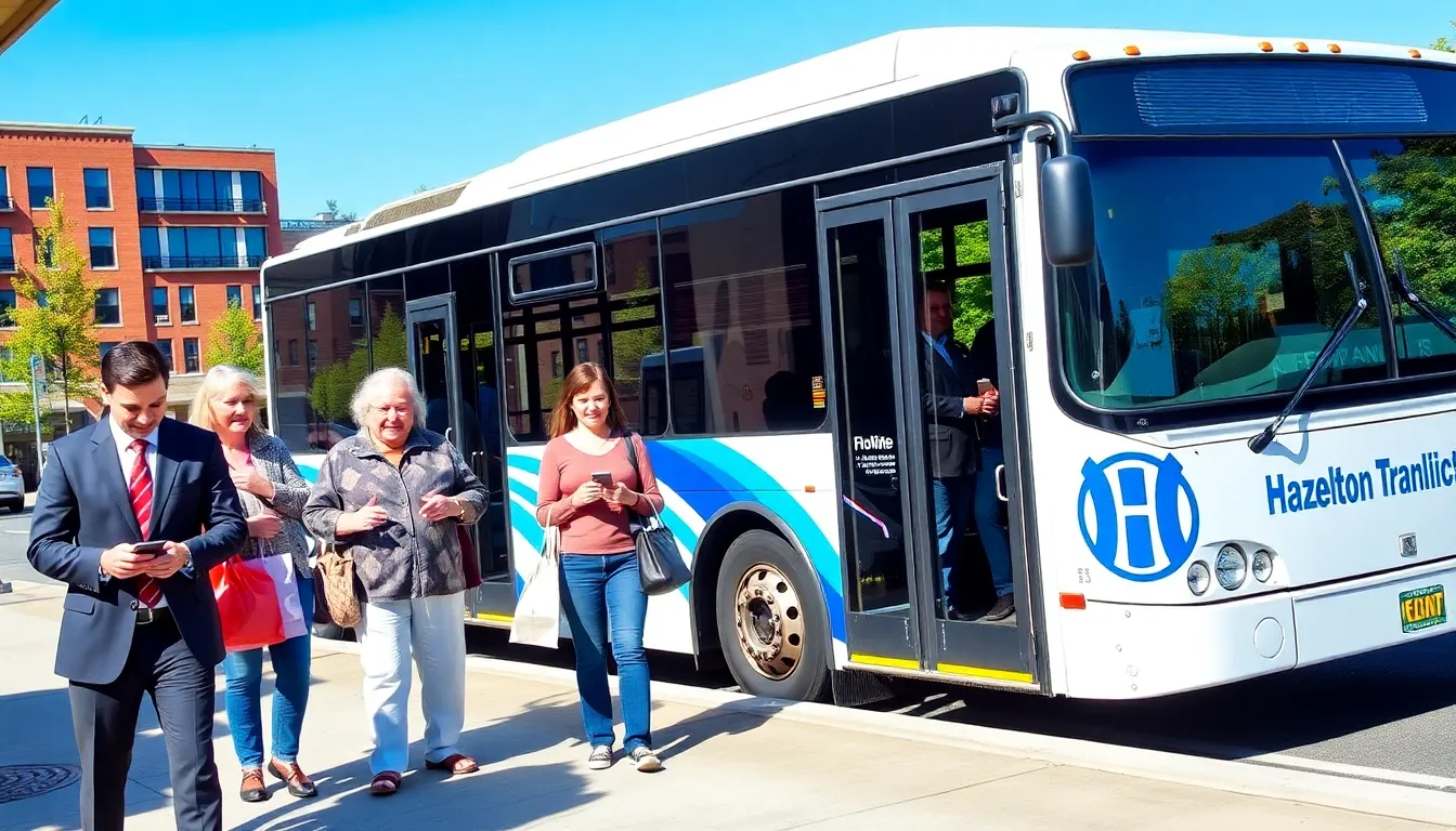 Hazleton public transit bus at a city stop with diverse passengers.
