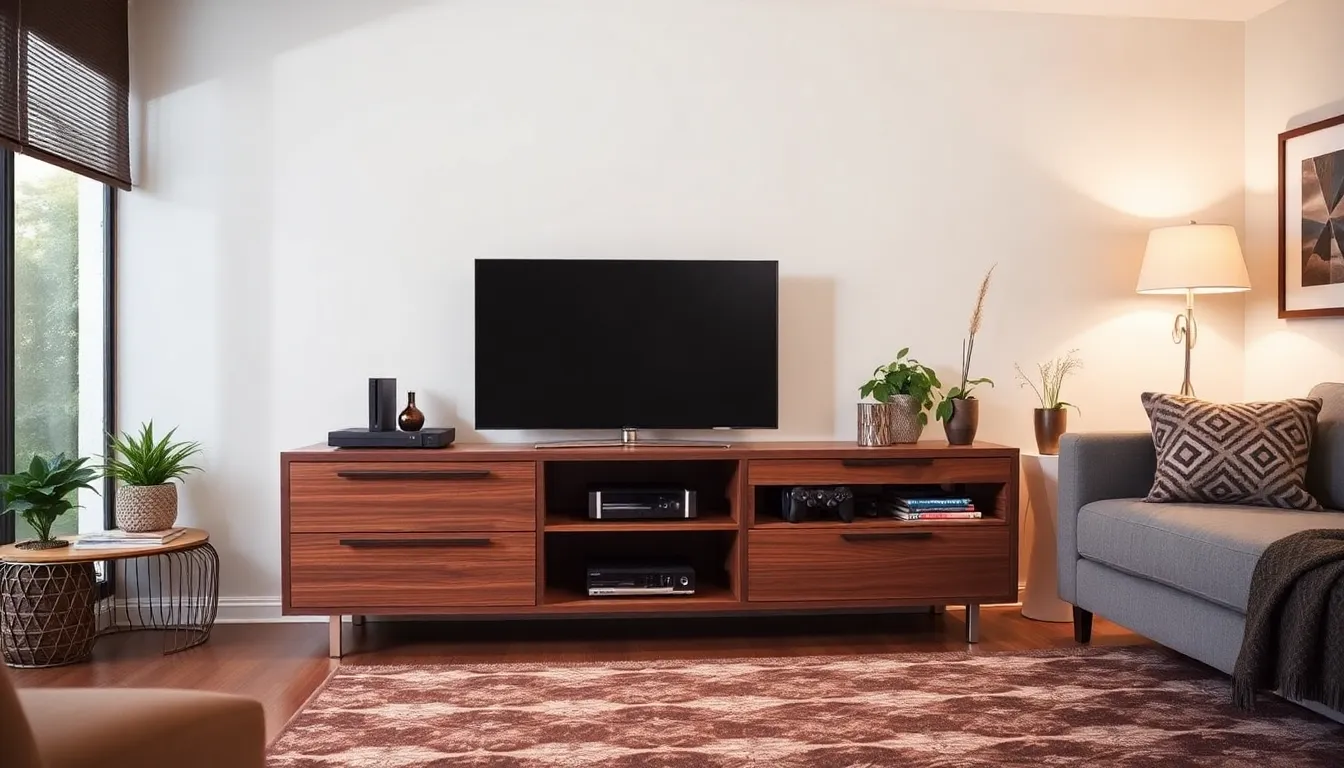 modern living room with a stylish TV console featuring storage.