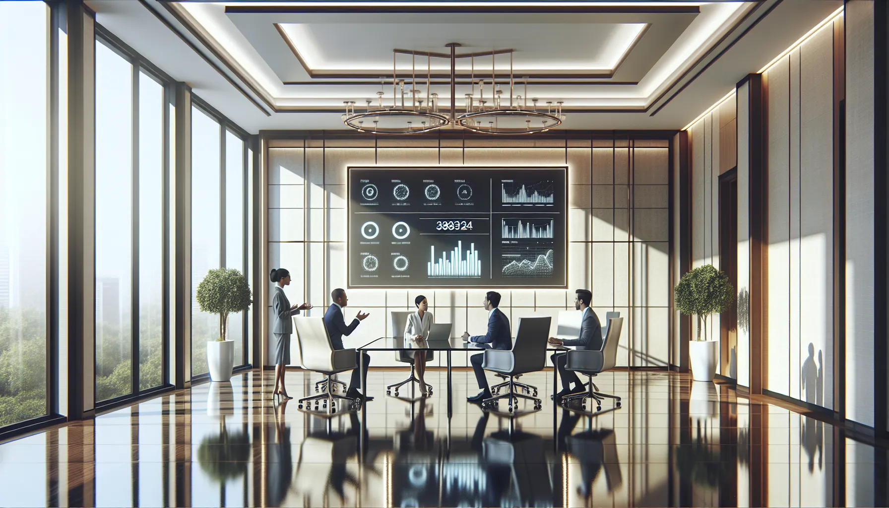 diverse team discussing analytics in a modern conference room.